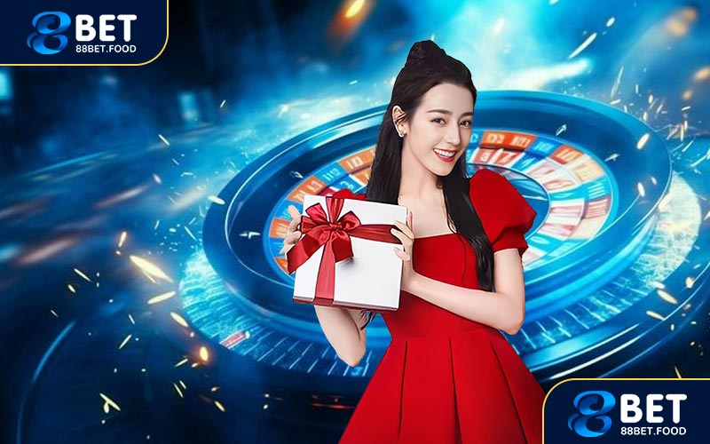 a woman in a red dress holding a gift box